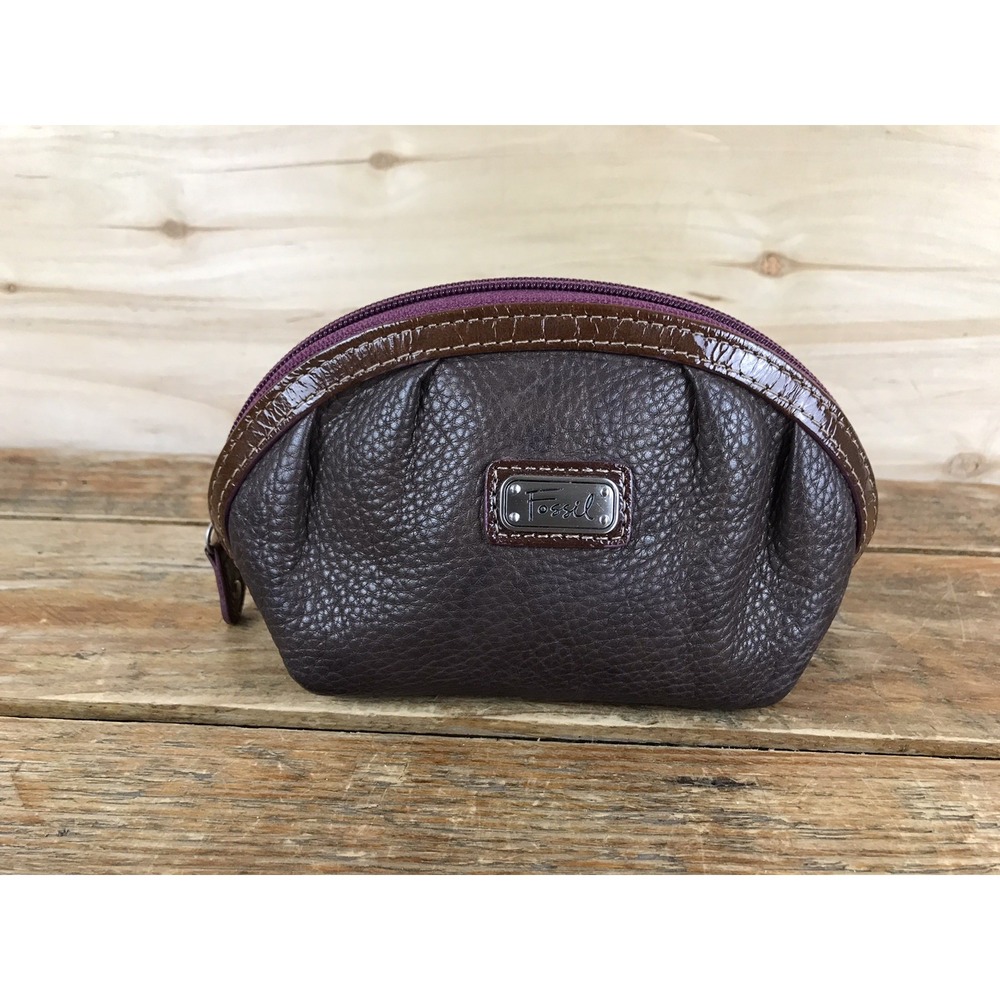 Fossil Leather Small Cosmetic Bag Pouch Zippered Brown Leather Purple Favorite
